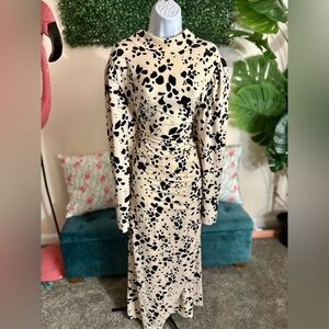 Eloquii Black and Cream Abstract Print Long Sleeve Midi Dress